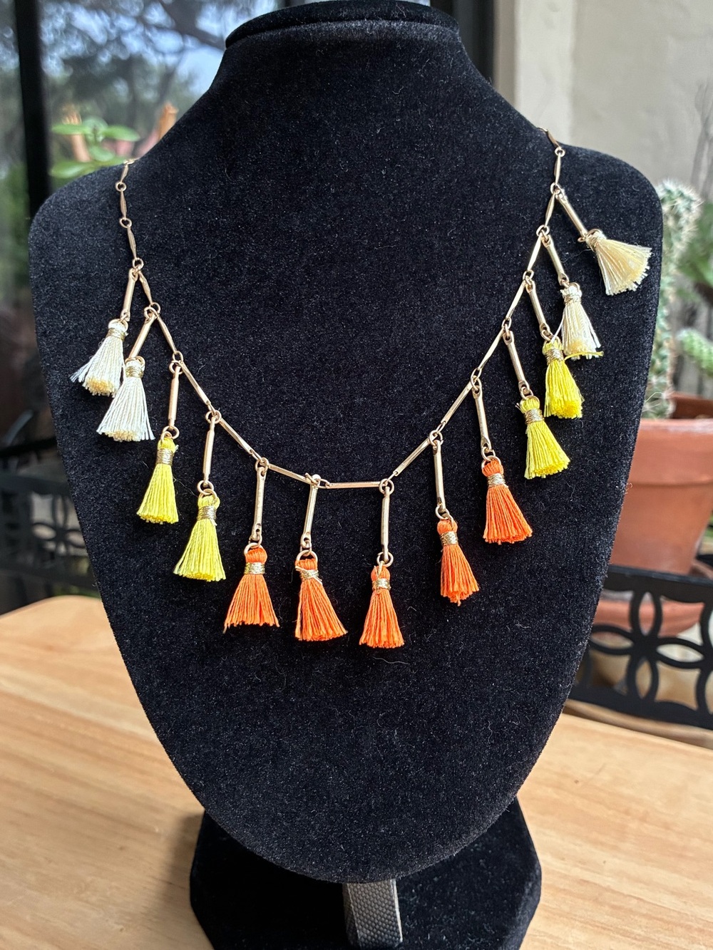 Gold-Tone Tassel Necklace with Yellow, Orange & Cream Fringe